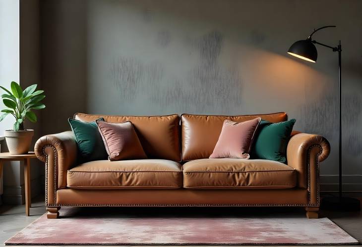 Elegant Grunge Interior Featuring a Plush Leather Sofa